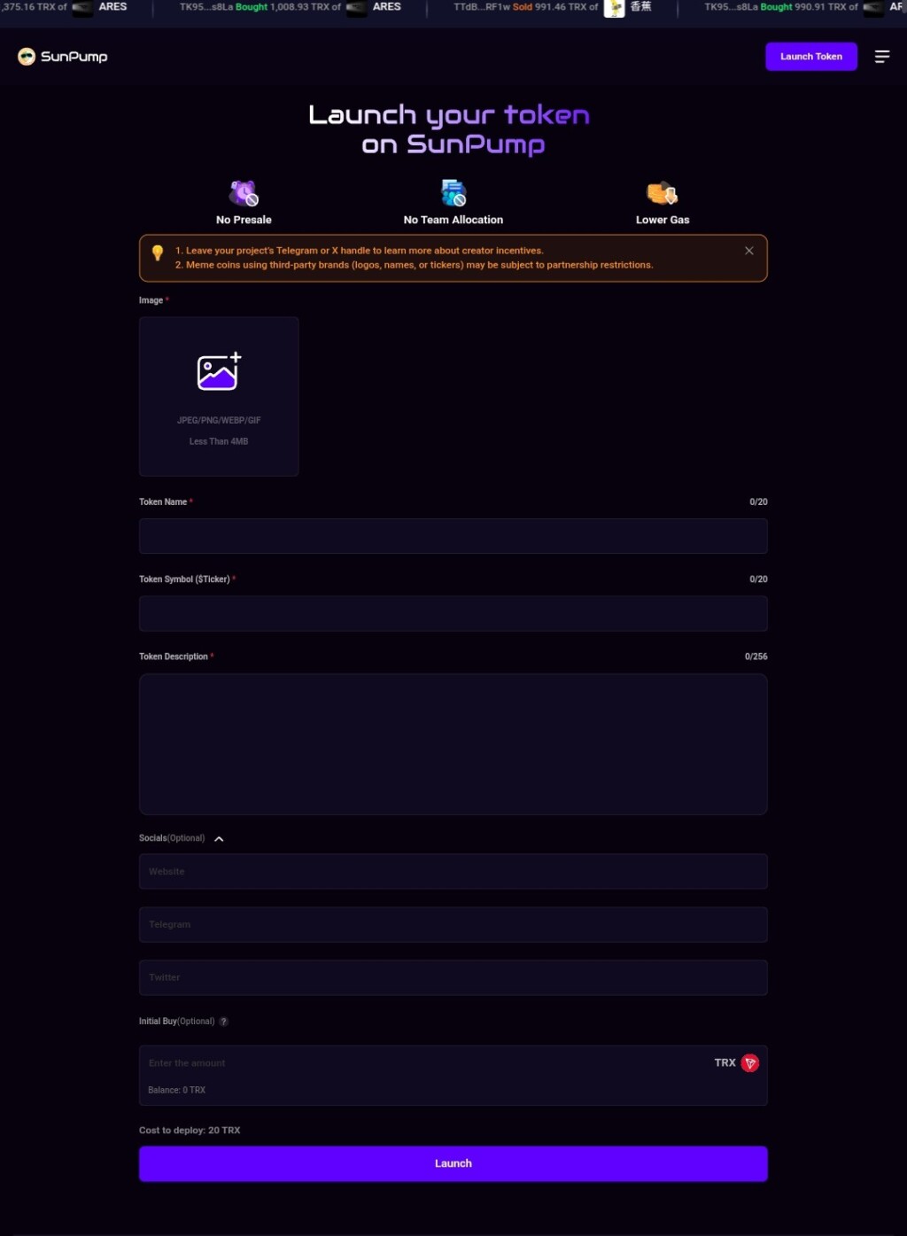 SunPump Token Creation Details 